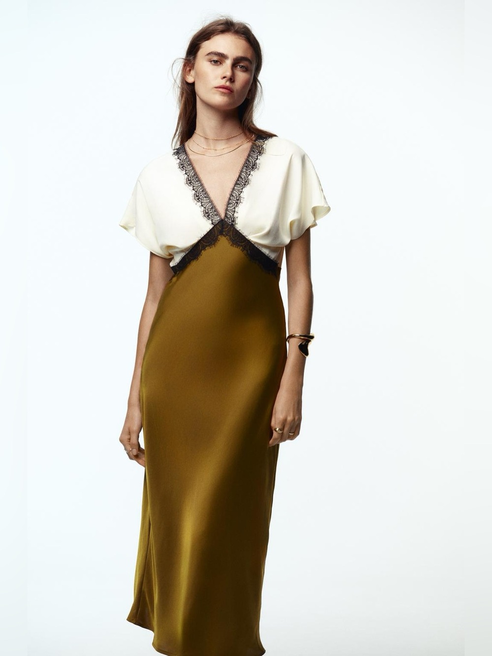 NWT. Zara Ecru/Khaki Satin Effect Midi Dress with Lace/Contrasting Trim. Size S. - Picture 3 of 12